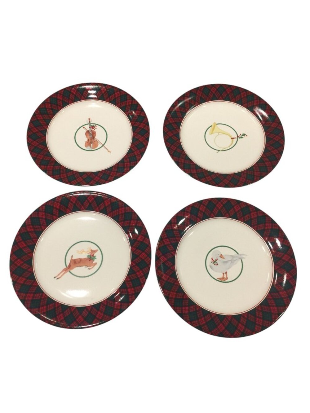 Arita Tartan Plaid Red Green Salad Plates Set of 4 Animals Instruments Ceramic